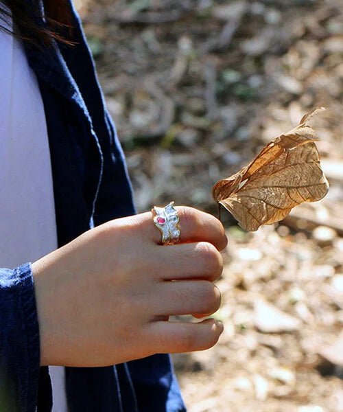 BAGUE FEUILLE ARGENT Éclasia Tourmaline rose - Bois Eden