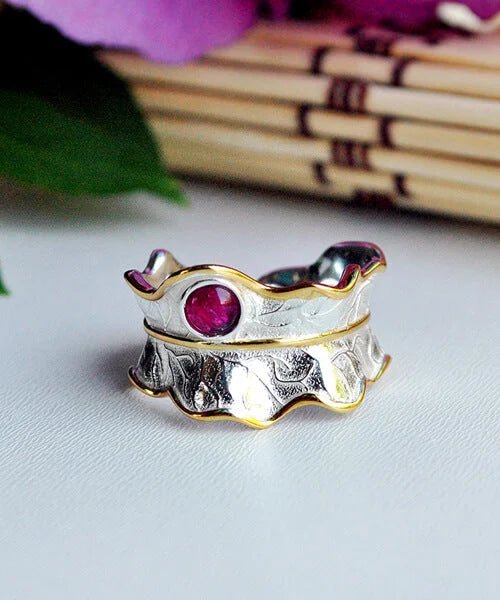 BAGUE FEUILLE ARGENT Éclasia Tourmaline rose - Bois Eden