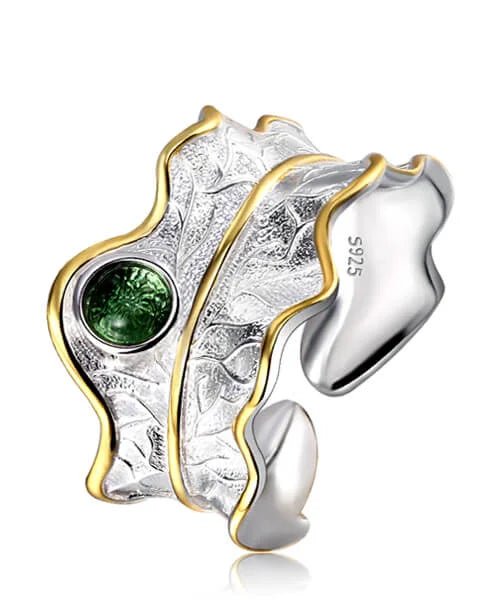 BAGUE FEUILLE ARGENT Éclasia Tourmaline verte - Bois Eden