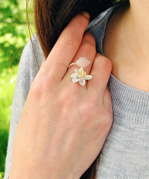 BAGUE FLEUR DE LOTUS Quartz rose - Bois Eden