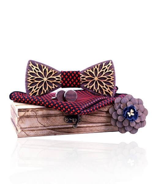 COFFRET NOEUD PAPILLON BOIS Fleur D&#39;or rouge royal - Bois Eden