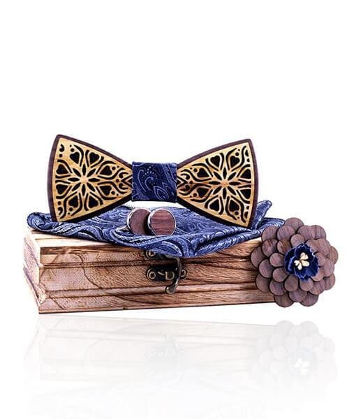 COFFRET NOEUD PAPILLON BOIS Orme bleu fleuri - Bois Eden